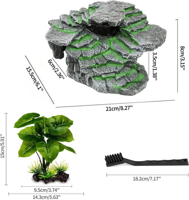 Moonorange Turtle Basking Platform, Reptile Habitat Hideout, Decorative Resin for Aquarium & Terrarium, Including Artificial Plant and Cleaning Brush.(C-Medium-Black) - Image 2